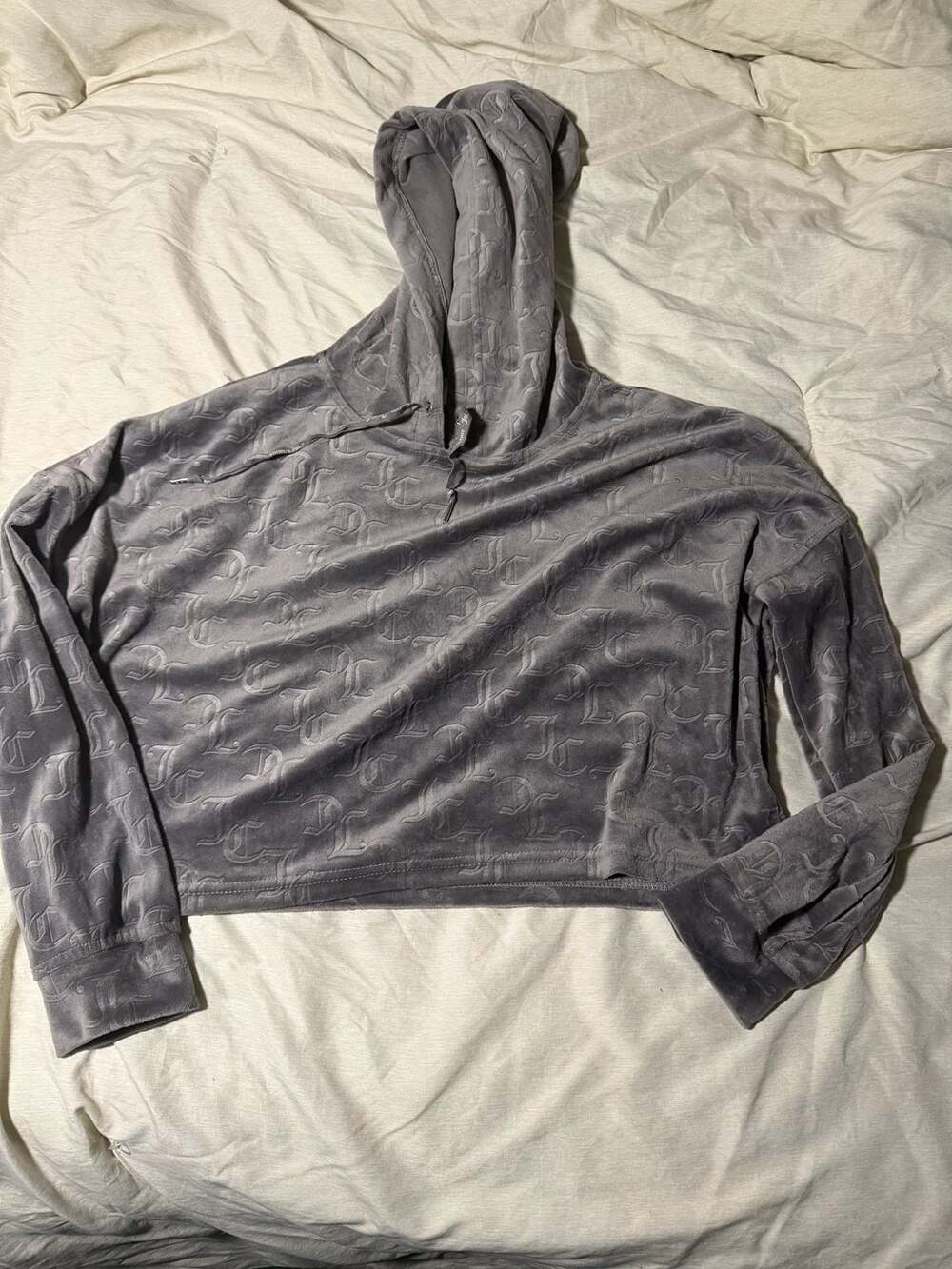 Juicy Couture Monogram Embossed Velour Cropped Hoodie Gray Size S